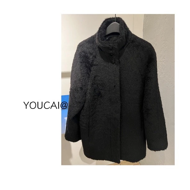 YOUCAI年货黑色立领苏力羊毛大衣