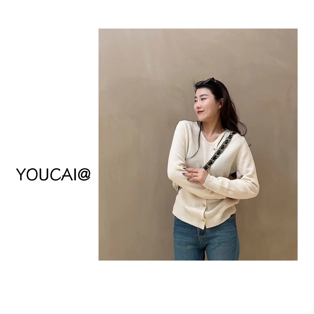 YOUCAI冬季白色镂空设计羊毛毛衣