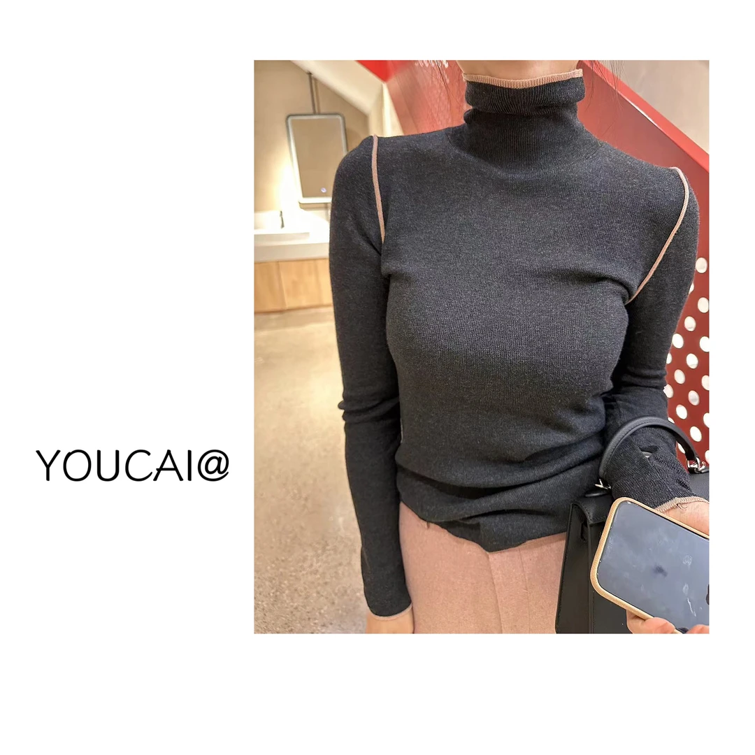 YOUCAI冬季深灰拼粉高领打底衫
