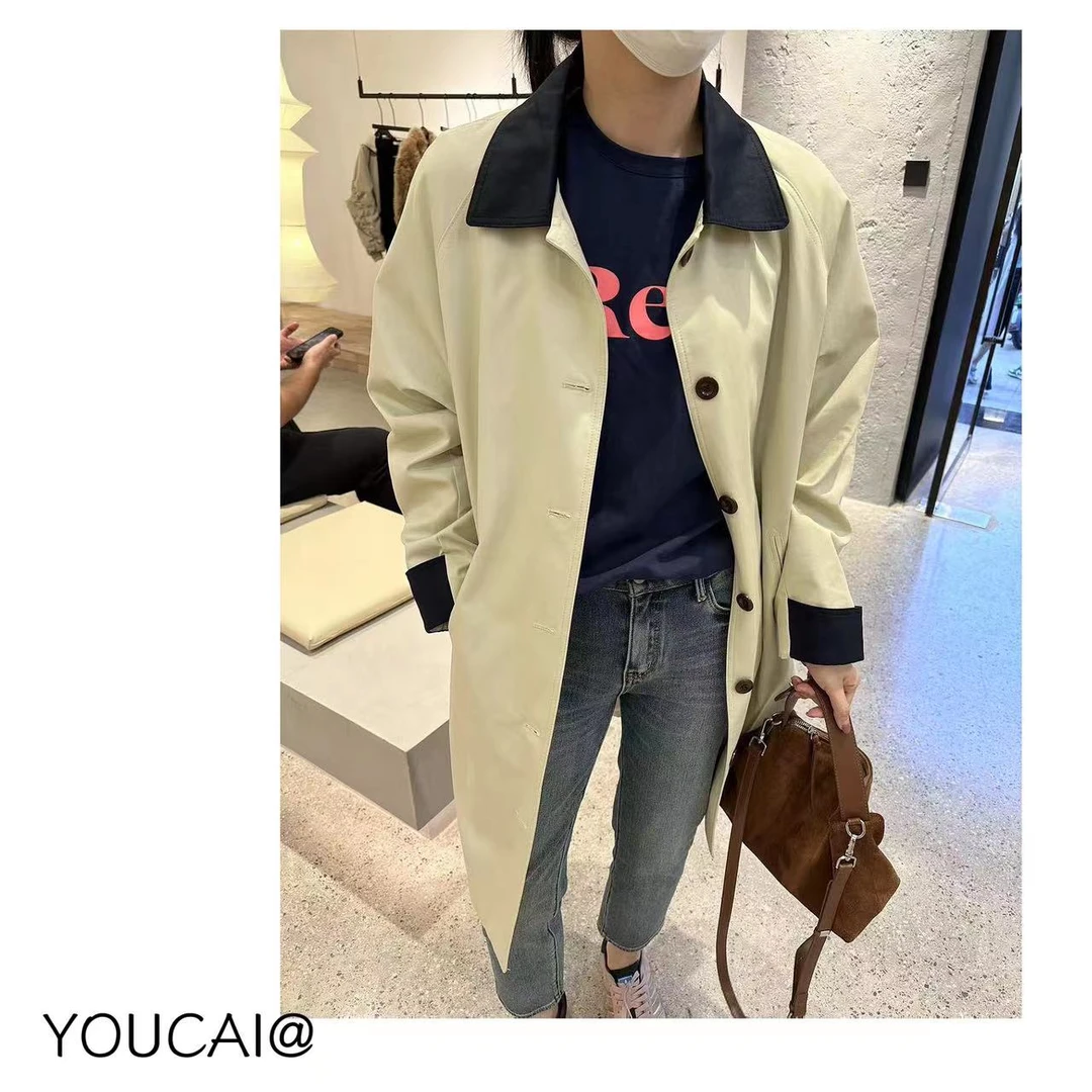 YOUCAI秋季拼色领子中长款风衣