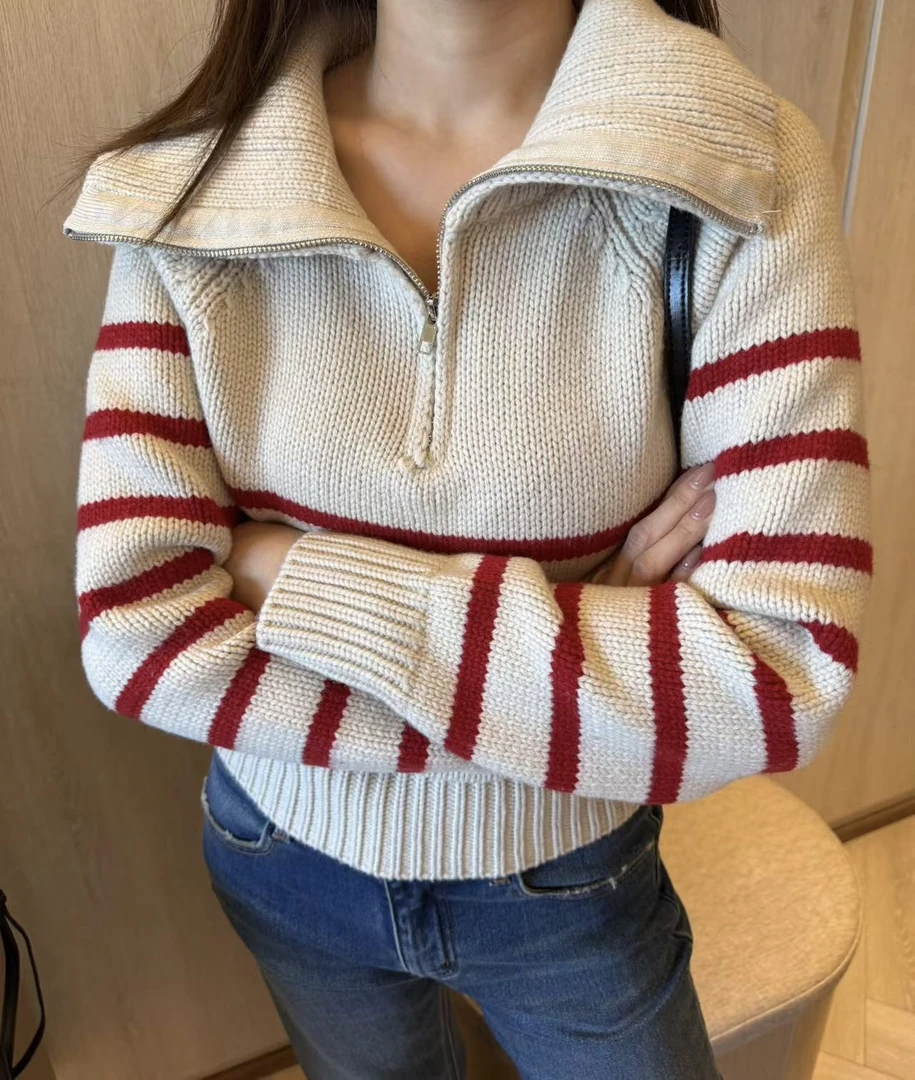 YOUCAI24冬季｜红色条纹翻领毛衣