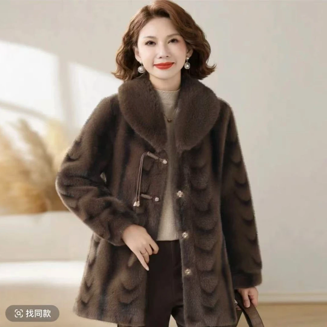 海宁皮毛一体休闲气质短款中老年女士加厚冬季大衣经典【毛领款】