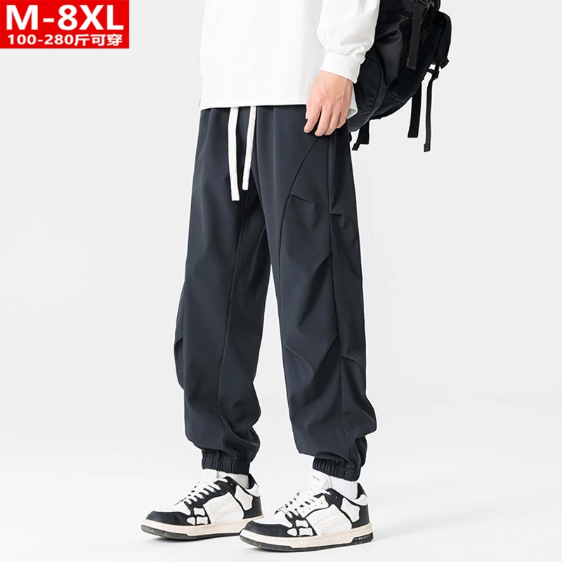 春秋潮流港风男士时尚折叠束脚工装裤胖大码加肥宽松运动休闲裤