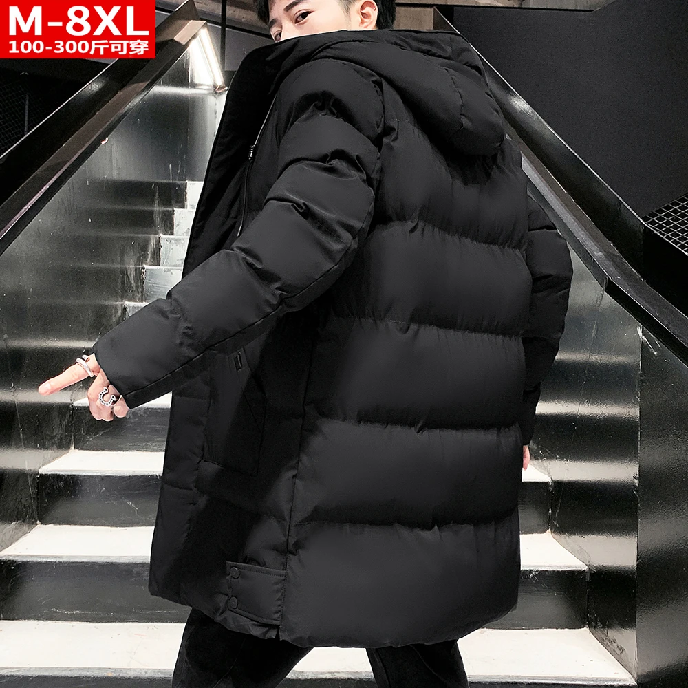 冬装潮男士中长款连帽棉衣胖青年加肥大码加厚保暖抗寒棉服男外套