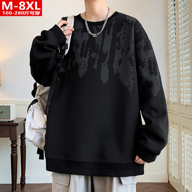 春秋季潮流港风男装印花圆领针织卫衣胖大码加肥宽松运动休闲上衣