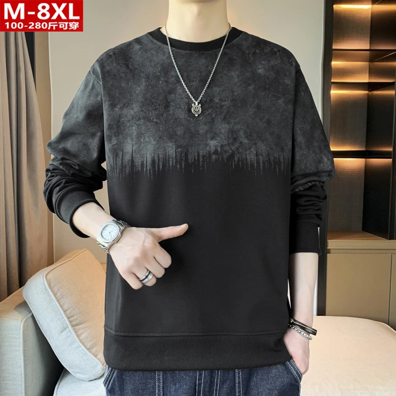 春秋季潮流港风男装印花圆领针织卫衣胖大码加肥宽松运动休闲上衣
