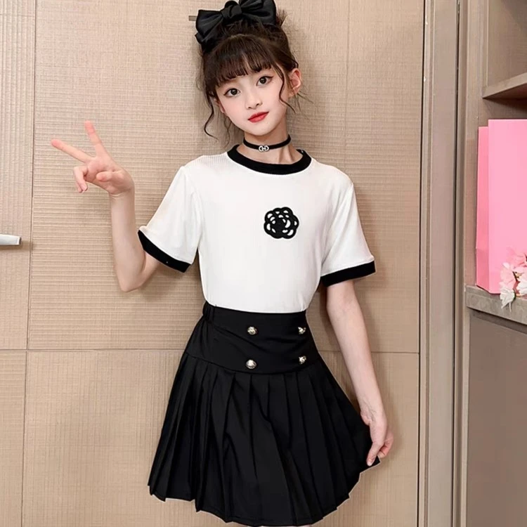 6077女童小香风套装裙夏季新款网红女大童学院风短袖百褶裙两件套