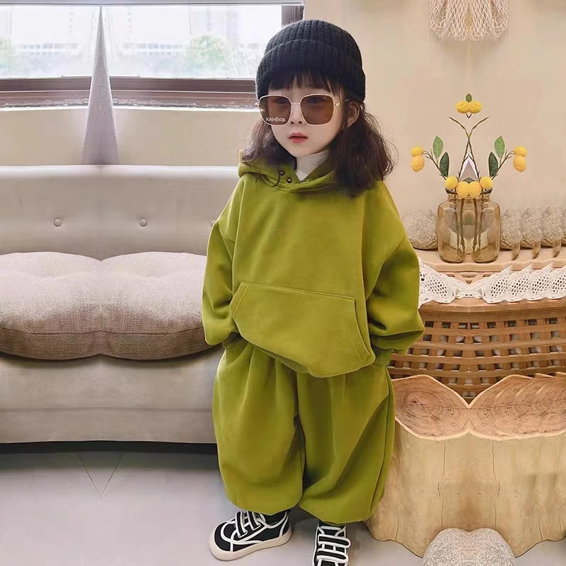 9047新款男女童连帽宽松版两件套装一体绒秋冬款长袖