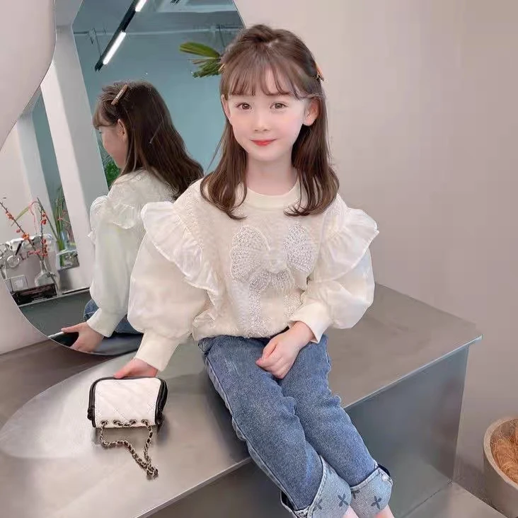 8008女童卫衣春秋新款小女孩洋气蝴蝶结长袖上衣公主风气质卫衣