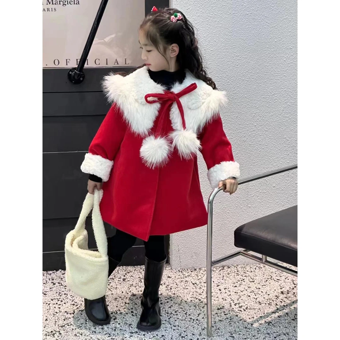 1138女童呢大衣秋冬新款儿童圣诞服装加绒大毛领外套