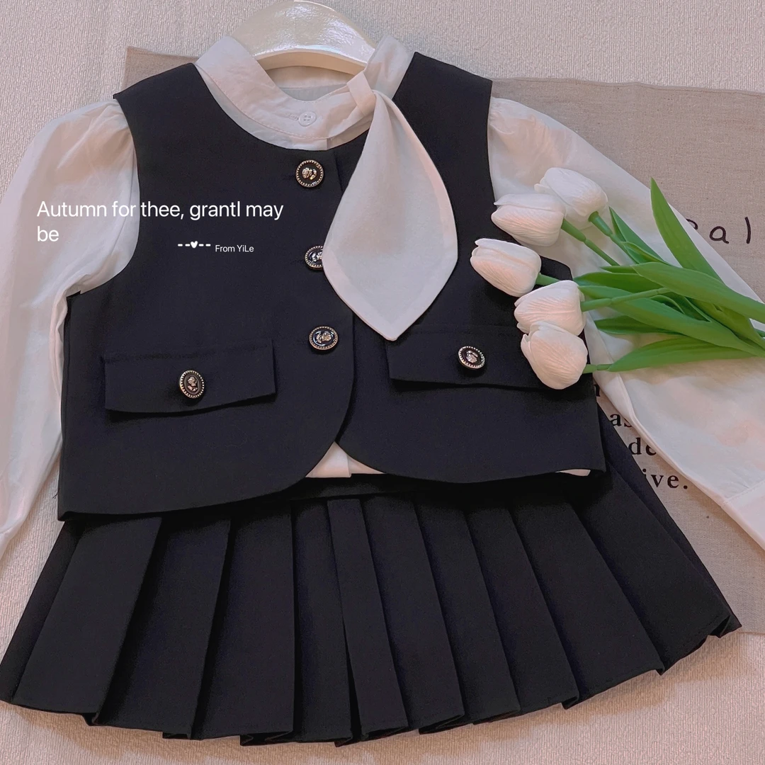 春秋季新款三件套洋气小香风衬衫马甲女宝JK裙子时髦1458