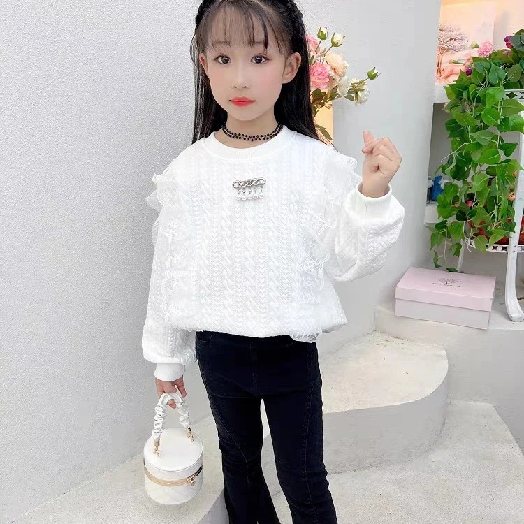 7095女童卫衣春秋新款中大童暗花蕾丝休闲宽松纯色小女孩洋气上衣