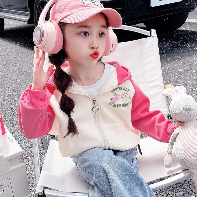 9015春秋款新款拼色连帽加绒秋装小女孩时髦开衫卫衣外套