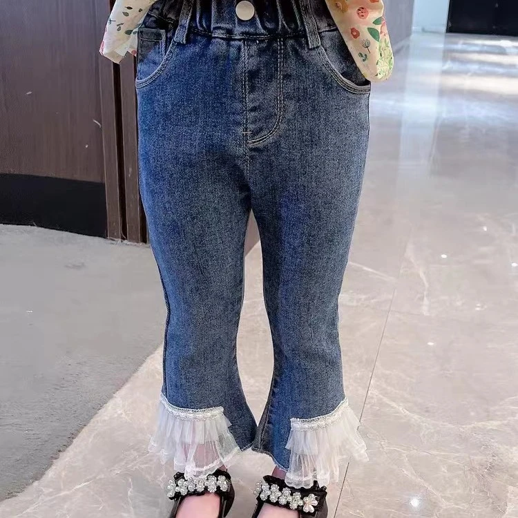 5902女童蕾丝花边牛仔裤春秋儿童长裤小女孩喇叭裤软牛仔洋气韩版
