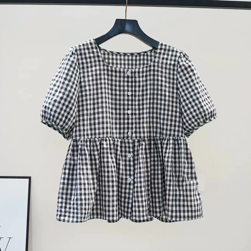 纯棉格子短款方领泡泡袖娃娃衬衫女短袖夏季宽松减龄遮肉显瘦上衣