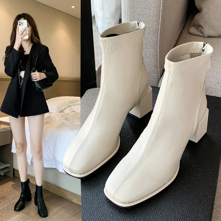 2023年秋冬季网红新款白色中跟弹力瘦瘦靴短靴女靴子女春秋中筒靴