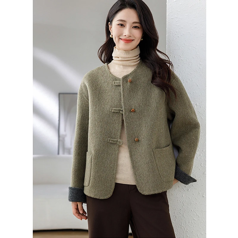 2024新款新中式拼色双面羊毛外套女上衣秋冬羊毛呢大衣