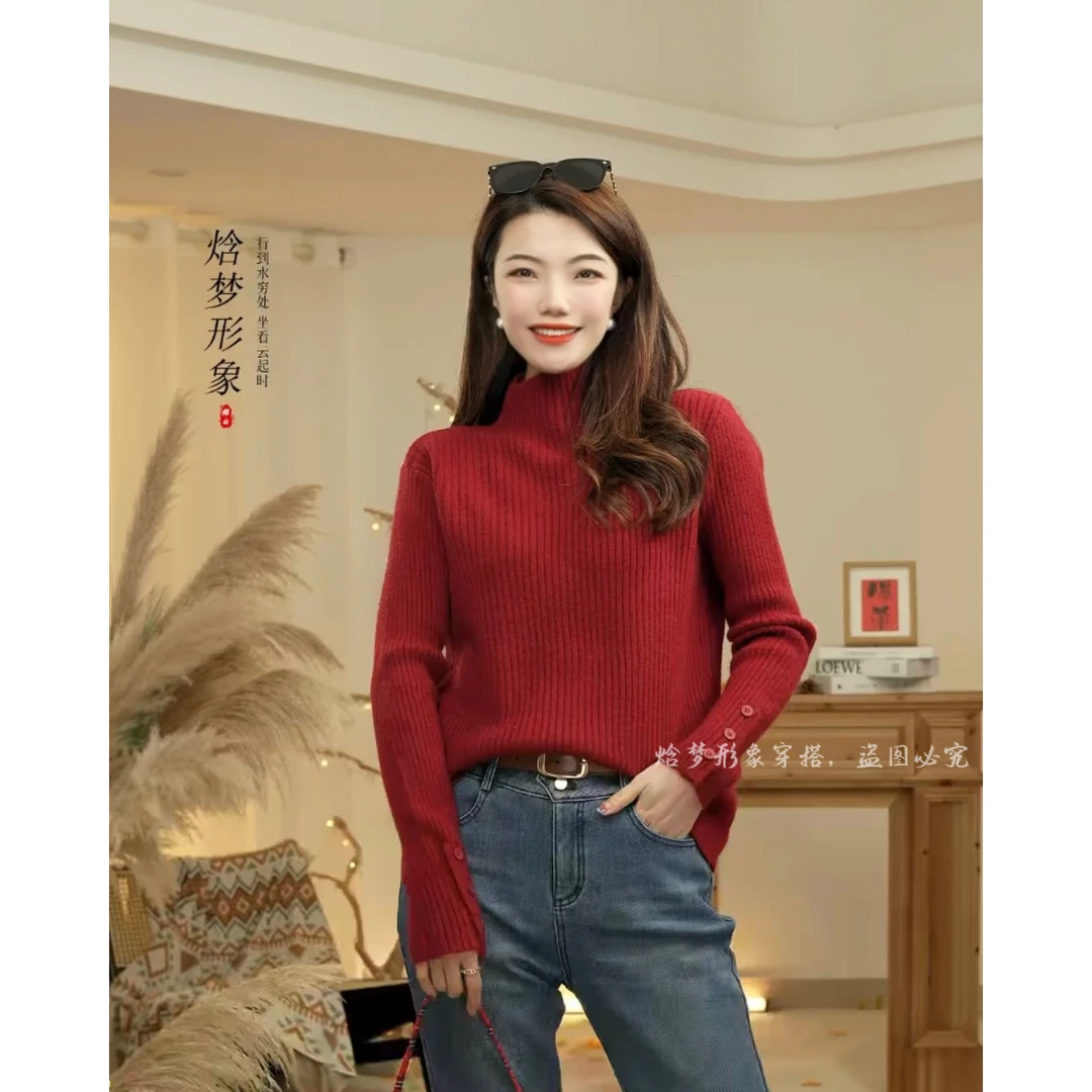 线下199！L13半高领坑条纹理~韩版加厚~袖子纽扣打底宽松毛衣