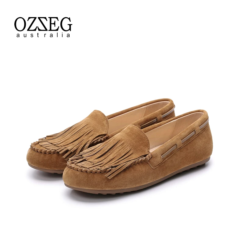 OZZEG【夏夏专属】豆豆鞋女真皮浅口流苏孕妇单鞋平底女船鞋2FC07