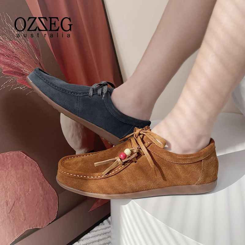 OZZEG澳泽格2023年春秋新款真皮豆豆鞋女厚底休闲单鞋一脚蹬23C09