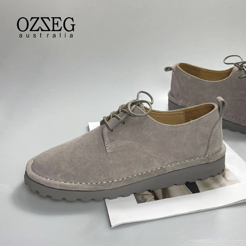 OZZEG休闲真皮舒适厚底女士驾车单鞋软底圆头系带乐福鞋23C01