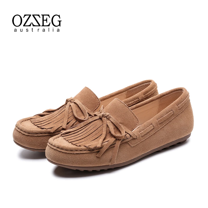 OZZEG澳泽格流苏真皮豆豆鞋女2024春秋新款软底时尚百搭单鞋2FC05