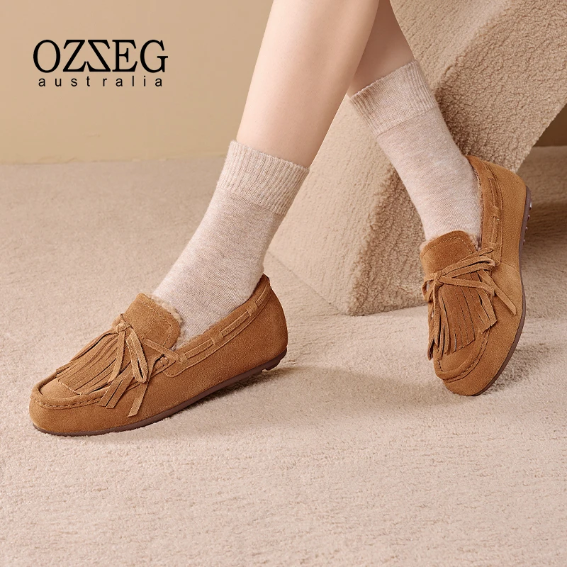 OZZEG澳泽格2025新款豆豆鞋女冬加绒加厚真皮保暖毛毛鞋棉鞋23D05