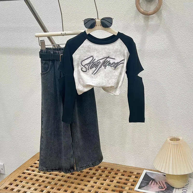 女童牛仔裤2025新款春秋外穿洋气裤子中大童套装裤子儿童阔腿裤潮