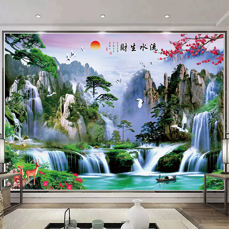 家居装饰贴画流水生财山水画客厅书房办公室墙面壁画风景自粘墙贴