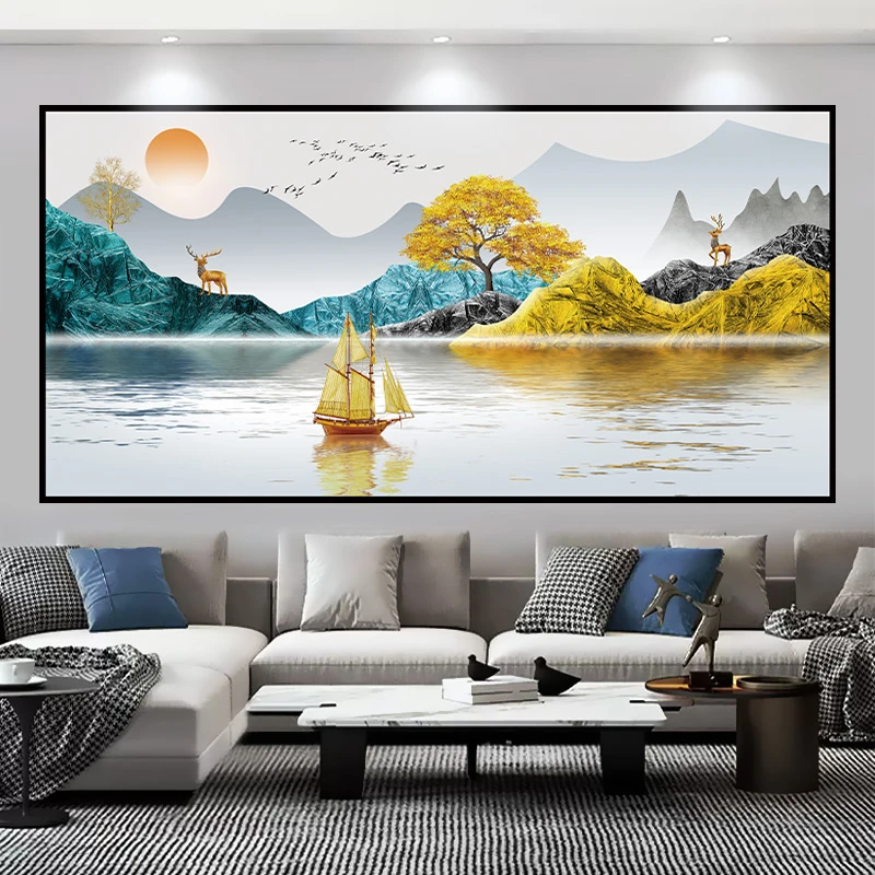 现代中式客厅沙发电视背景墙装饰壁画轻奢高级感简约贴画自粘墙贴