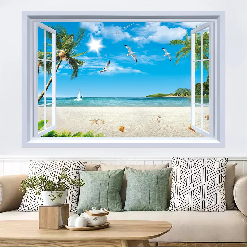 窗外海景装饰画客厅沙发卧室墙面壁画现代简约阳光沙滩自粘贴纸画