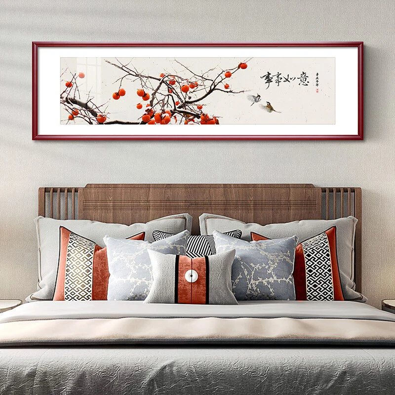 卧室装饰画新中式实木画框床头挂画客厅沙发背景墙壁画花鸟图