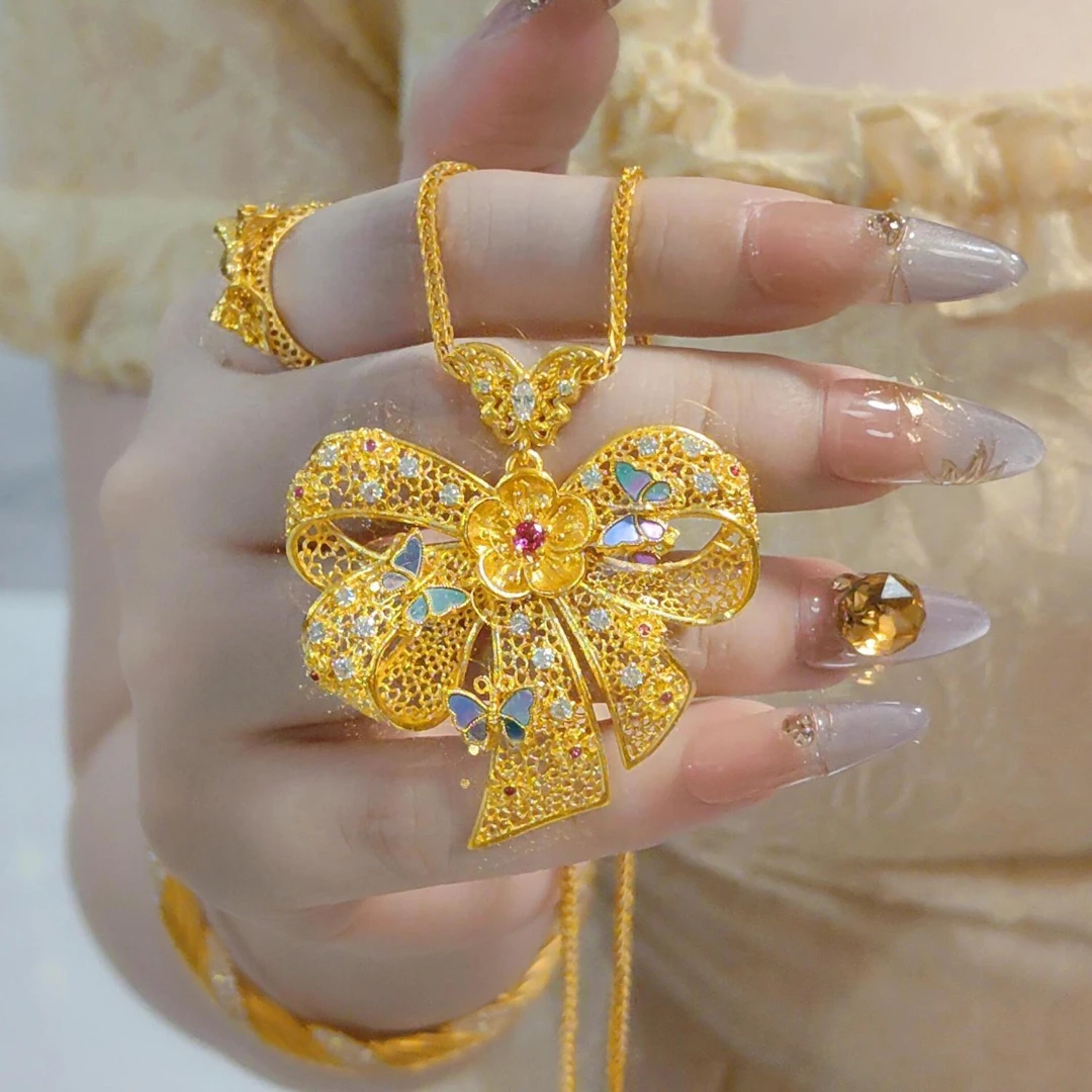 钛钢珐琅吊坠 人间富贵花金色繁花螺钿蝴蝶结吊坠时尚气质百搭