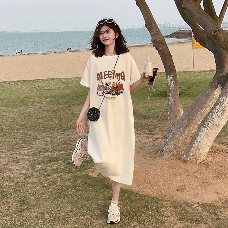 大码纯棉连衣裙女夏季韩版宽松休闲短袖T恤裙简约百夏季韩版大码