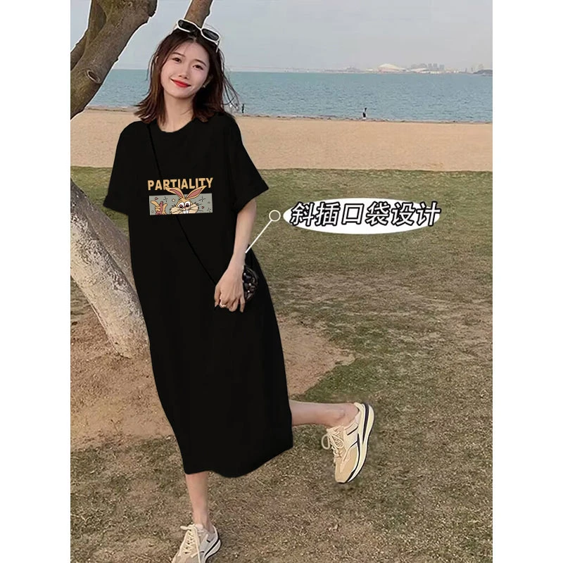 纯棉短袖连衣裙女夏装大码宽松胖mm过膝懒人减龄休闲夏款t女胖mm