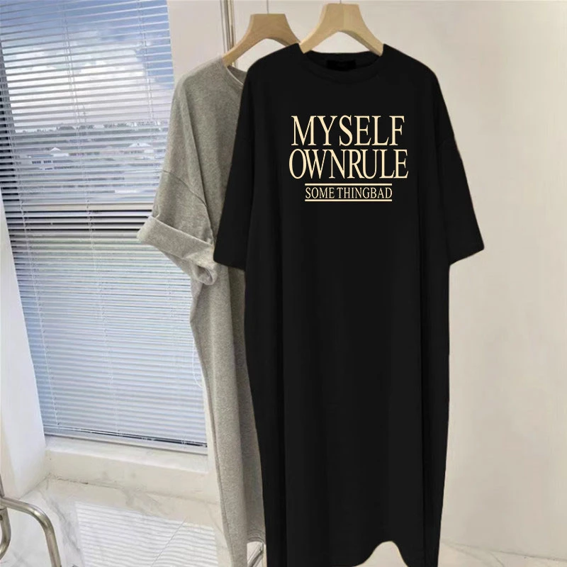 大码女装纯棉t恤裙子夏季中长款过膝短夏季大码遮肚宽松显瘦T恤