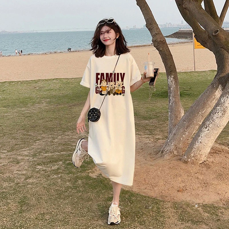 纯棉短袖连衣裙夏季薄款遮肚开叉t恤裙宽松大胖mm纯棉遮肚连衣裙
