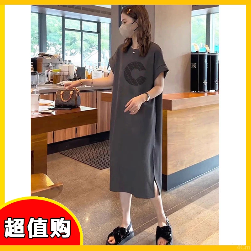 休闲宽松大码女装慵懒风短袖t恤裙女夏纯棉长款大码女装夏季T恤