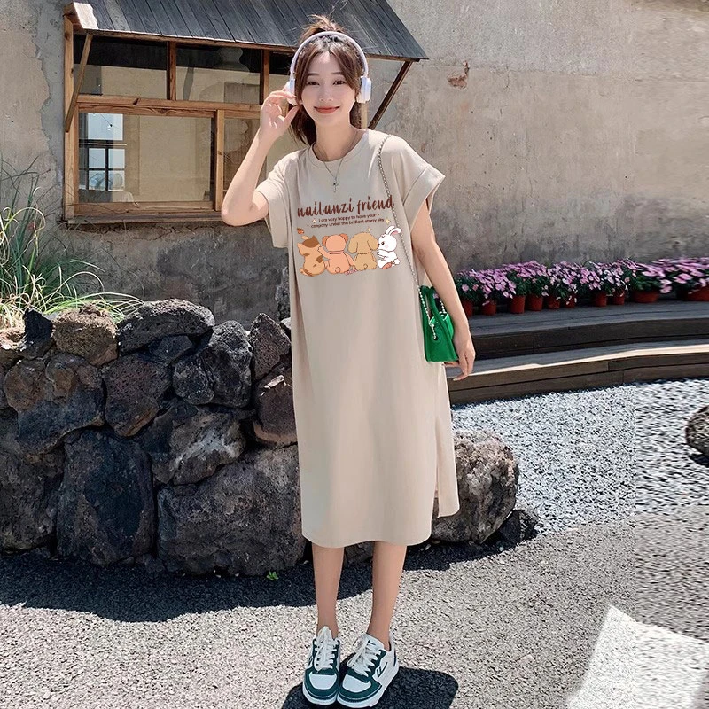 大码纯棉短袖连衣裙夏季百搭遮肉过膝T恤裙趣春季大码遮肉连衣裙