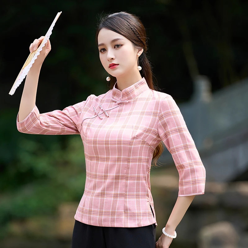 春夏季中国风改良修身显瘦中袖旗袍上衣文艺复古盘扣茶艺服唐装女