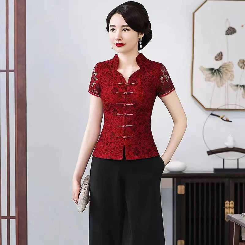 高档旗袍蕾丝上衣短袖夏季新款唐装女复古风妈妈装修身显瘦婚宴服