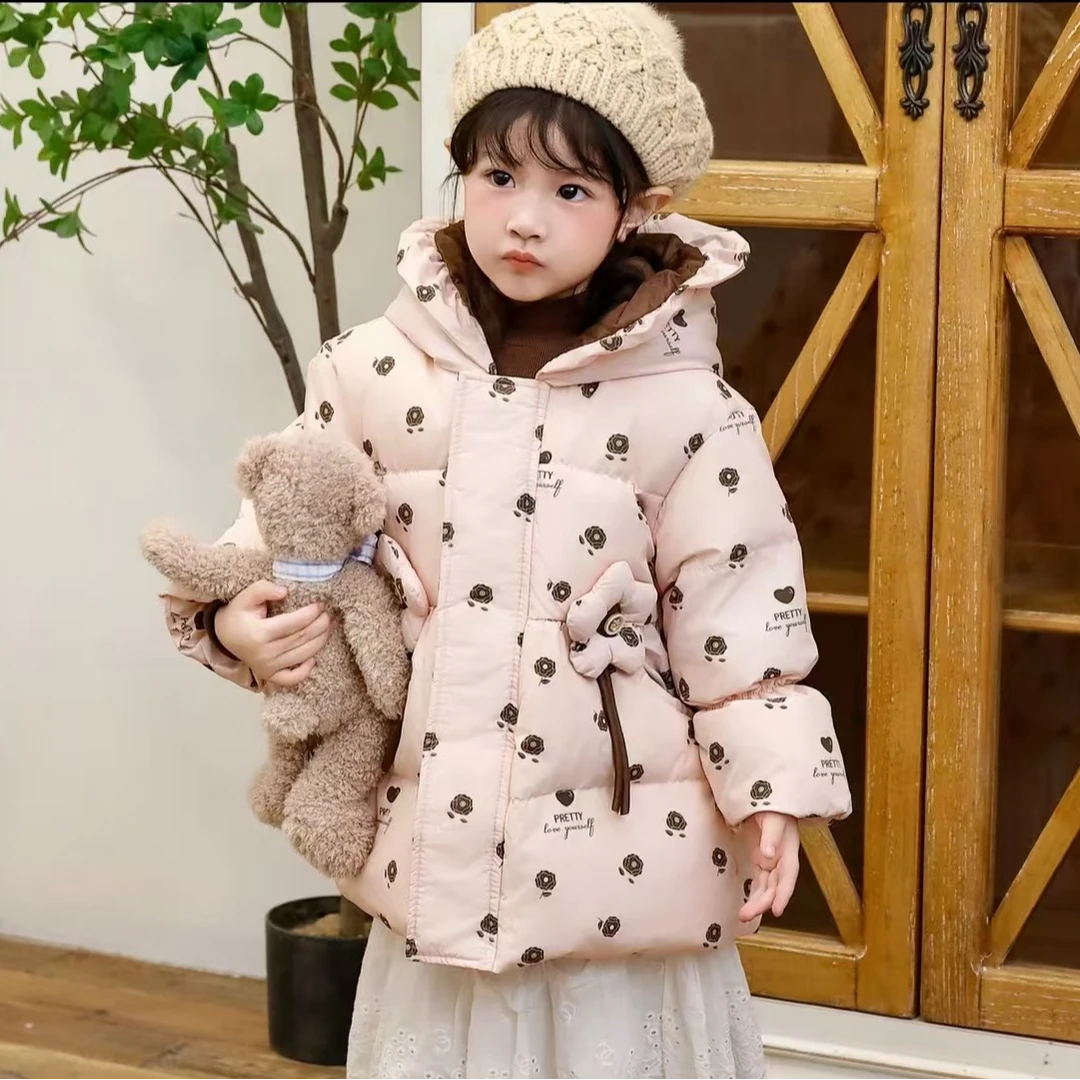 2024新款女童碎花冬装外套洋气连帽加厚中小童秋冬保暖防寒服