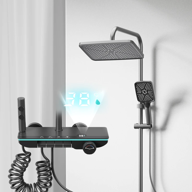 H12蒙娜丽莎Mona Lisa大置物架数显氛围灯方管全铜芯增压花洒套装