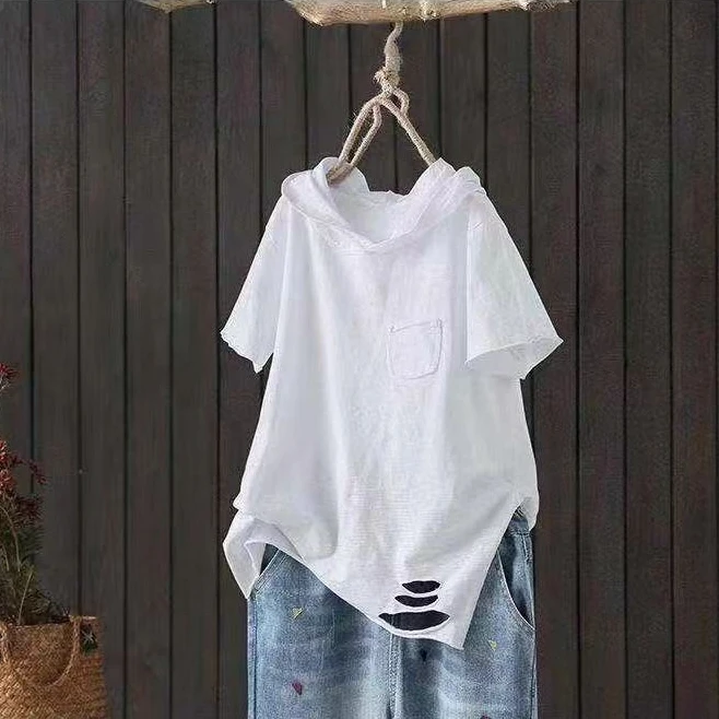 夏季新款日系青少年初中高中清新破洞连帽短袖T恤女学生打底衫