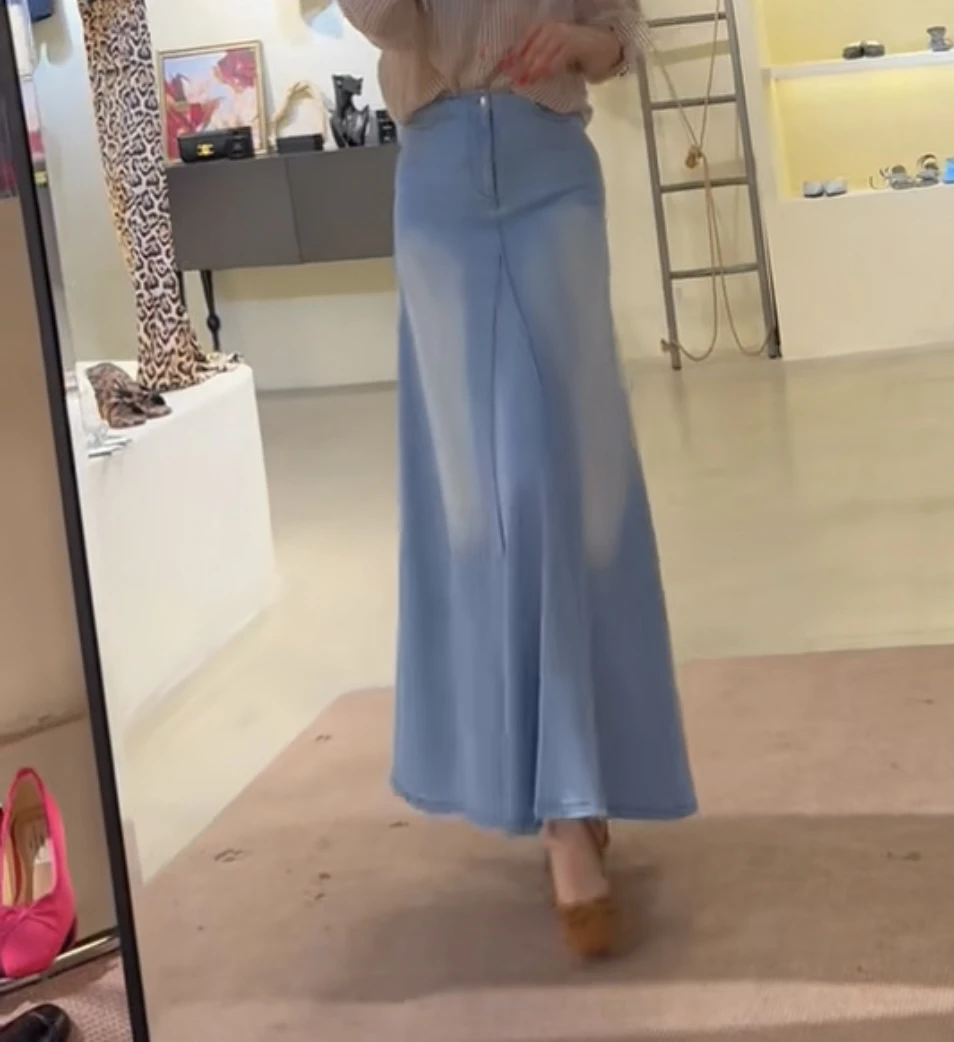 delyura早秋款夏季半身裙牛仔长半身裙浅蓝色