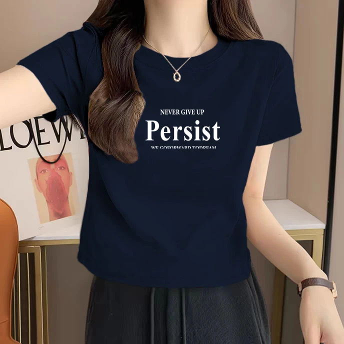 纯棉藏青色短袖t恤女夏季新款宽松显瘦短款时尚设计感高腰体恤衫