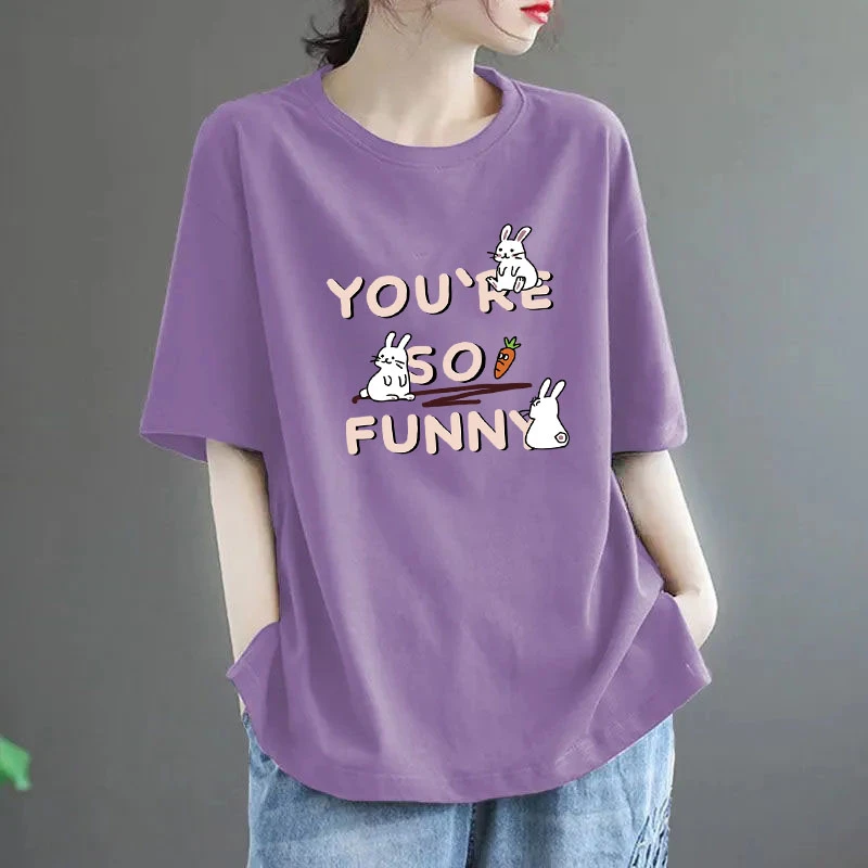 100%纯棉短袖T恤夏季女印花百搭打底衫韩版半袖宽松显瘦上衣服