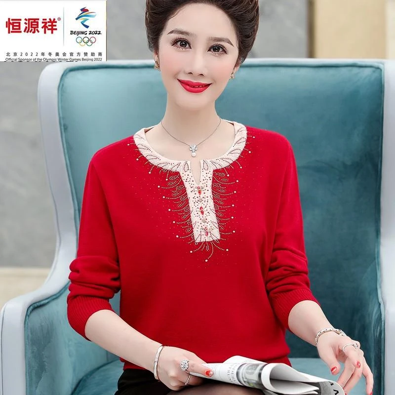 恒源祥彩羊妈妈春秋针织衫上衣T恤2021新款洋气中老年女装长袖薄