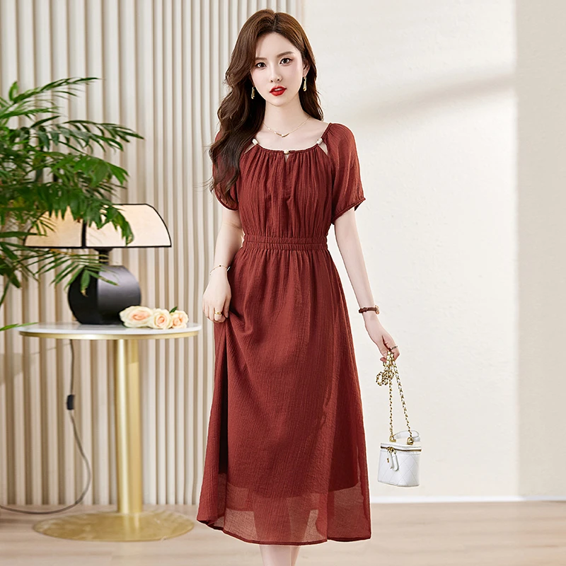 气质修身连衣裙女2025夏高级感收腰显瘦高端精致纯色仿桑蚕丝裙子