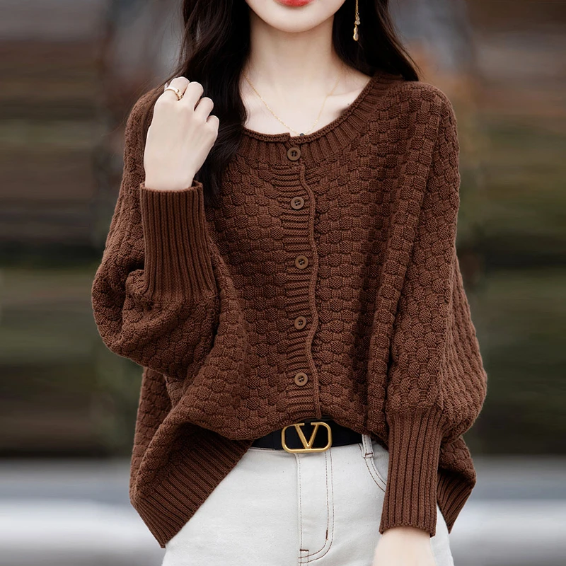 2024秋季新款羊绒羊毛衫圆领纯色长袖外套毛衣宽松慵懒风大码外搭